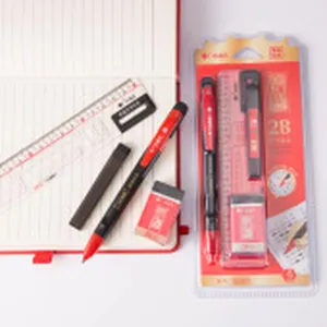 Detailed view of Baoke red black stationery set including gel pens, ruler, eraser and notebook.
