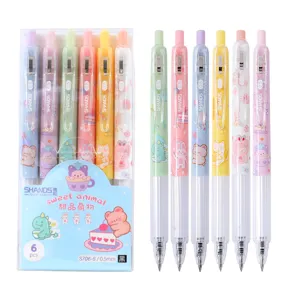 Cute cartoon gel pens set of 6, 0.5mm black ink press pens for school students and writing.
