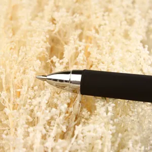 Black gel ink pen with silver metal tip and comfortable grip for smooth writing experience.