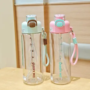 Detail view of portable double-drink sports water bottle with straw and strap, clear capacity.
