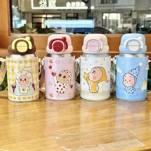 Cute cartoon kids insulated water bottle, stainless steel vacuum straw cup with portable strap.