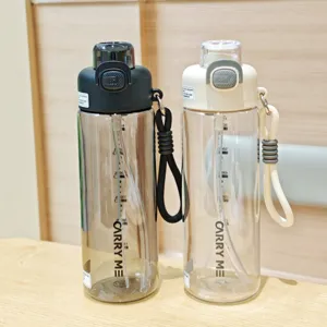 Close-up detail of portable plastic water bottles with straws, scales, and convenient lanyards.