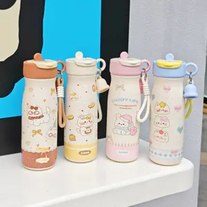 Bottiglia termica portatile gatto cartone animato carino con cinturino, tazza d'acqua per studenti.