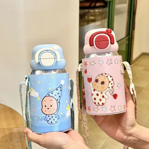 Kids cute cartoon thermos bottle stainless steel vacuum straw cup portable strap water bottle