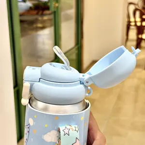Cute cartoon kids insulated water bottle stainless steel vacuum straw cup with strap