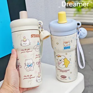 Termos in Acciaio Inossidabile con Disegno di Cartoon Carino Bottiglia d'Acqua Isolata con Cannuccia Portatile con Cordino Pratico