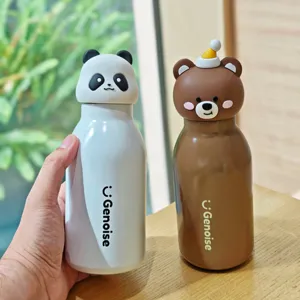 Cute cartoon animal stainless steel vacuum insulated water bottle set with panda and bear lids.