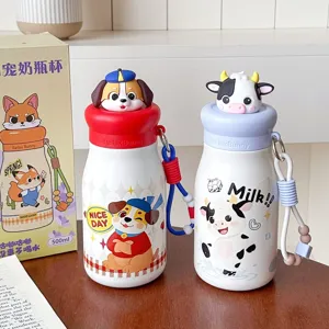 Cute cartoon stainless steel thermos water bottle with straw and portable rope for kids.
