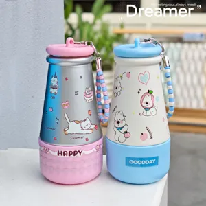 Cute cartoon stainless steel vacuum thermos cup with cute cat dog prints and portable strap.
