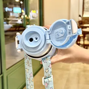 Children stainless steel vacuum insulated straw water bottle with cute star strap portable.