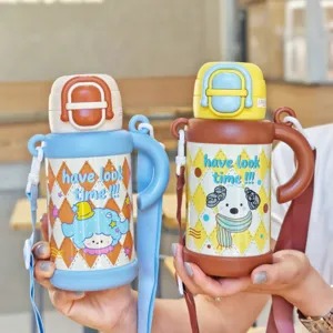 316 Stainless Steel Children Vacuum Flask Cartoon Cute Cat Dog Insulated Cup With Straw Handle Strap Bounce Lid Water Bottle