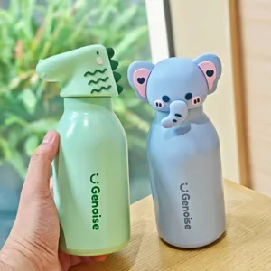 Detailed close-up view of cute cartoon animal stainless steel thermos water bottle for students.