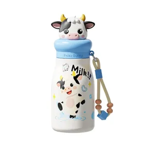 Cute cartoon cow stainless steel thermos water bottle with strap portable kids milk cup