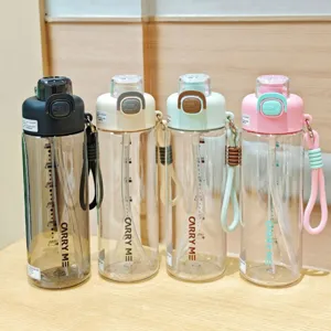 Portable large capacity plastic sports water bottle with straw, ideal for fitness and outdoor cycling.