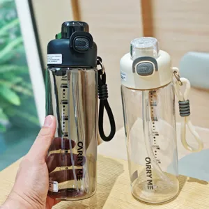 Detail view of portable outdoor sports straw water bottle with dual-drinking design and scale.