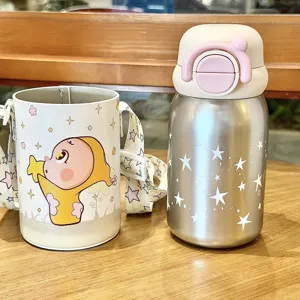Kids stainless steel thermos water bottle with cute cartoon strap and star pattern cup.
