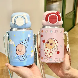 Cute cartoon baby insulated water bottle with strap, stainless steel vacuum flask for kids.