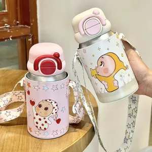 Children stainless steel vacuum insulated water bottle with cute cartoon sleeve strap