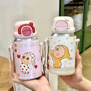 Kids cute cartoon thermos water bottle with strap stainless steel vacuum straw cup portable for students
