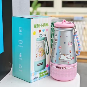 Cute stainless steel thermos cup with strap 460ml cartoon cat design portable water bottle