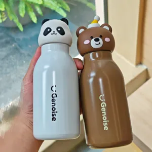 Detailed view of cute cartoon animal thermal bottles, stainless steel, portable design.