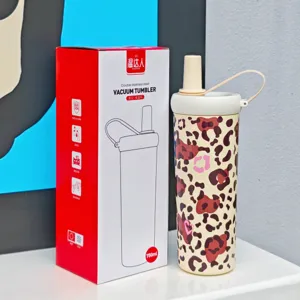 botella termica de acero inoxidable 750ml estampado leopardo con pajita y asa