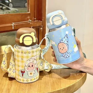 Kids cute cartoon thermos bottle stainless steel vacuum straw cup with strap portable