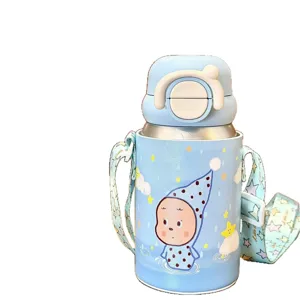 Cute cartoon kids insulated water bottle stainless steel vacuum straw cup with strap blue
