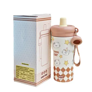 Simpatica borraccia termica a cartone animato con cannucce e tracolla tazza thermos in acciaio inox.