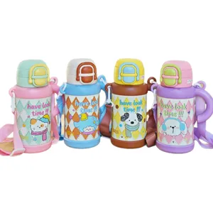 Children insulated water bottle 316 stainless steel cute cartoon animal straw cup with strap