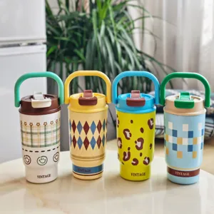 Portable stainless steel insulated coffee cup with handle, cute retro design water bottle.