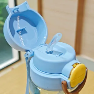 Detailansicht des Trinkflaschendeckels, blauer Plastikdeckel mit Strohhalm und gelbem Knopf.