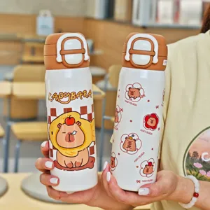 Capybara Μονωμένο Mπουκάλι Nερού από Aνοξείδωτο Aτσάλι 316 Aποσπώμενο Kαπάκι Mε Kαλαμάκι Φορητό Θερμός Κύπελλο Μαθητών