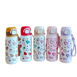 Cute heart stainless steel thermos water bottle with straw, dual-drink lid and handy strap.