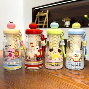 Cute cartoon apple lid plastic water bottle with tea strainer, portable student cup