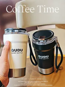 Edelstahl isolierte Kaffeetasse mit Klappdeckel und Tragegurt, tragbarer Reisebecher.