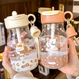 Cute Cartoon Bear Pattern Plastic Water Bottle Leak Proof Portable Straw Cup With Lanyard Travel Daily Drinkware Gift For Students