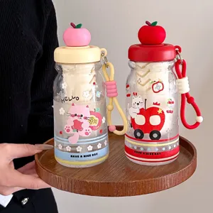 Cute Cartoon Plastic Water Bottle With Straw Apple Lid Tea Infuser Portable Tumbler For Students Office Daily Travel Cup