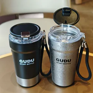 Edelstahl Isolierflasche Sport Trinkbecher mit Klappdeckel und Tragegurt fuer unterwegs