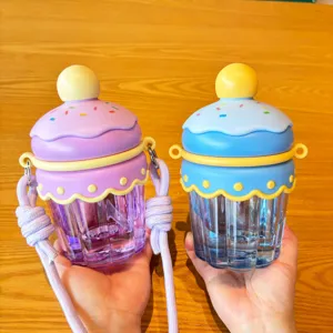 Detail view of cute cupcake shaped water bottle with strap, showing lovely bright color design.