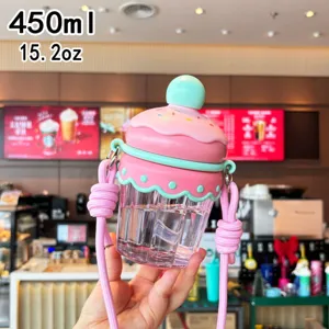 Cute cupcake water bottle with straw and strap, portable 450ml clear kids drinking cup for girls.