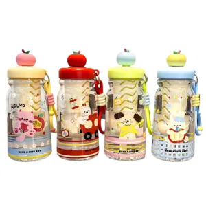 Cute cartoon apple lid plastic water bottle with tea infuser portable student cup 4 colors