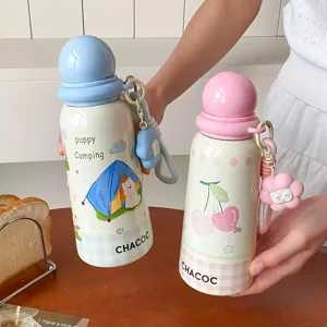 Cute insulated water bottle with round lid cartoon design portable stainless steel tumbler