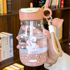 Cute bear pattern portable plastic water bottle with straw and strap for daily school use.