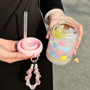 Cute glass water bottle with straw, checkered print and cute design, heat resistant cup