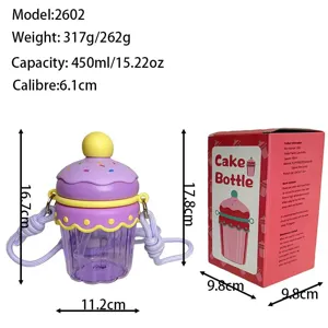 Cute cupcake water bottle with strap, 450ml portable kids drinking cup with box.