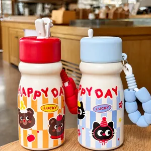 Cute thermos water bottle with straw, creative striped design and portable lanyard cups.