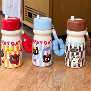 Creative vacuum thermos bottle with straw, cute milk bottle design portable student water cup