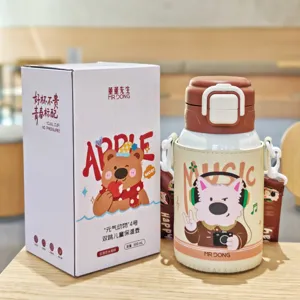 Süße kinder isolierflasche 500ml edelstahl thermobecher mit trinkhalm und tragegurt.