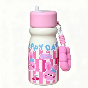 Cute mini milk bottle thermos cup with straw, pink bunny pattern and portable lanyard.